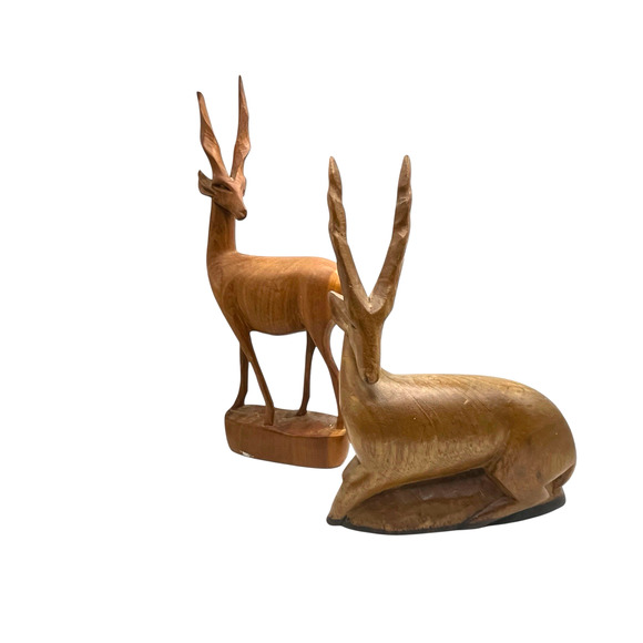 1967 Antelopes Figurines Sculptures Vintate Hand Carved Signed Wood